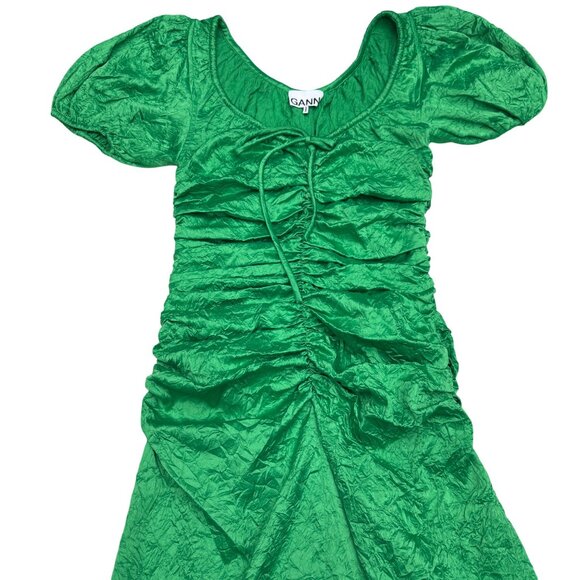 Ganni Ruched Crinkled Satin Midi Dress Women's Bright Green, Size 36 (US 4) NWOT - Picture 3 of 9
